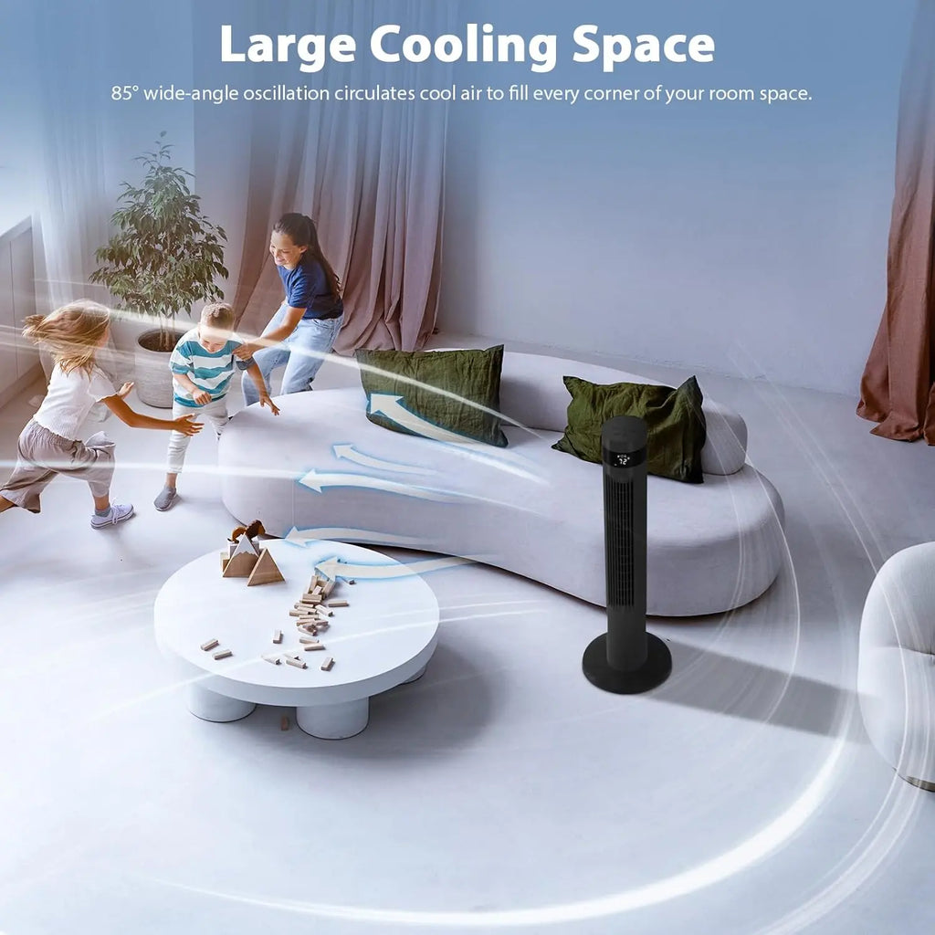 Tower Fan — a sleek, space-saving solution designed to improve air circulation in your home or office.
