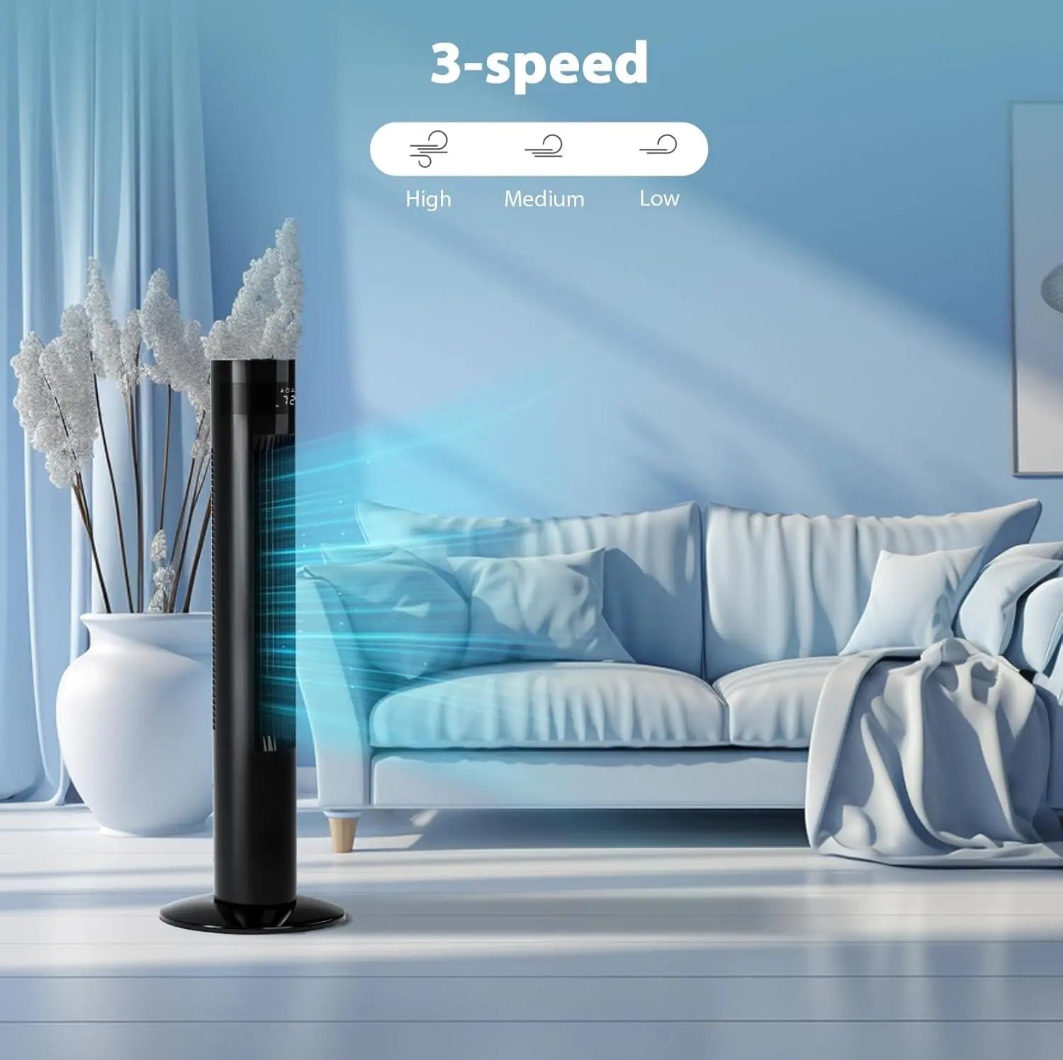 Tower Fan — a sleek, space-saving solution designed to improve air circulation in your home or office.