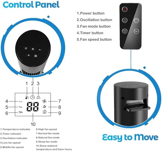 Tower Fan — a sleek, space-saving solution designed to improve air circulation in your home or office.