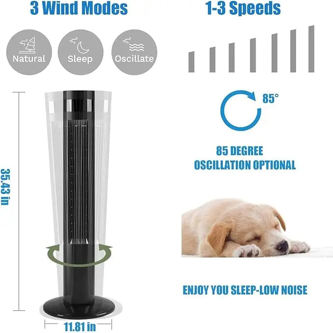Tower Fan — a sleek, space-saving solution designed to improve air circulation in your home or office.